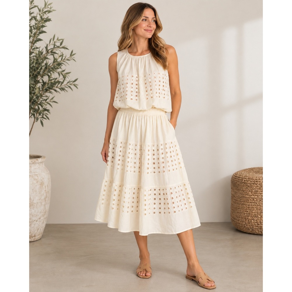 Jennifer & Grace Skirt Set Womens L Cream Eyelet Boho Cottagecore Summer 2pc